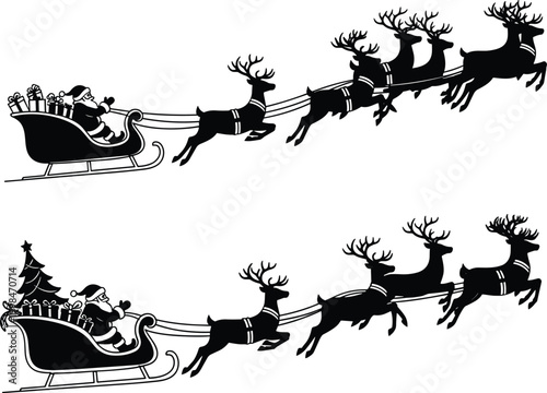 Santa Claus flying in sleigh with reindeer silhouettes vector for Christmas holiday celebration winter season decorations festive New Year greetings and creative gift delivery illustrations,