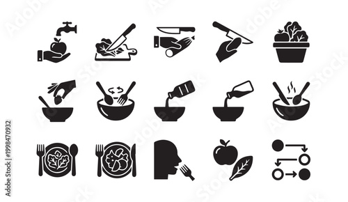 Food hygiene and salad preparation instruction icon set with preparation