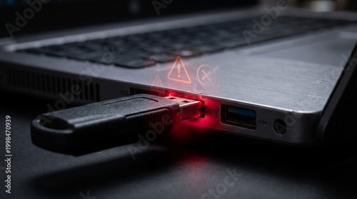 A close-up view of a USB drive plugged into a laptop with warning signs indicating a potential security threat
