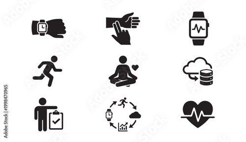 Health tracking and fitness technology icon set with technology, wearable