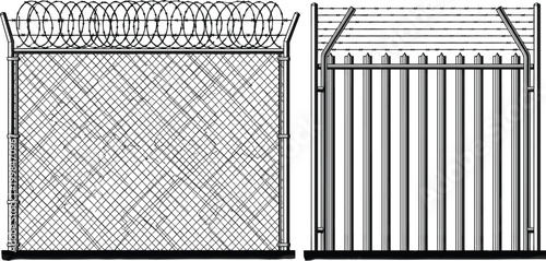 Security, fence, collection, featuring, blue, line, art, of, chain, link, mesh, razor, wire, palisade, steel, gate, and, barbed, wire, barrier, for, prison, protection, design.