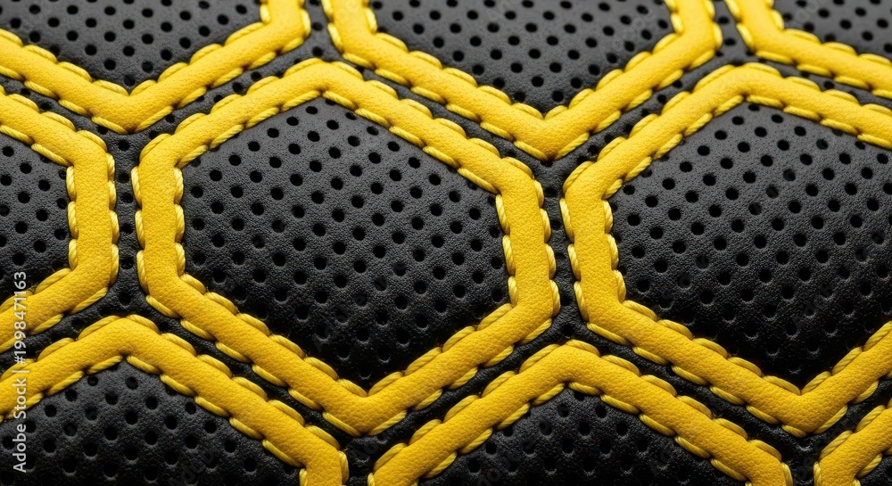 Fototapeta premium Perforated black leather is stitched together with vibrant yellow thread in a hexagonal pattern.