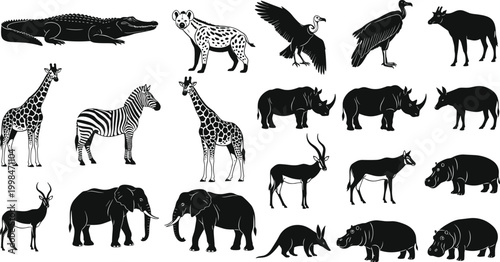 Set of African safari animal silhouettes including elephant, giraffe, zebra, rhino, hippo, crocodile, hyena, vulture, and antelope icons isolated on white background for vector design,