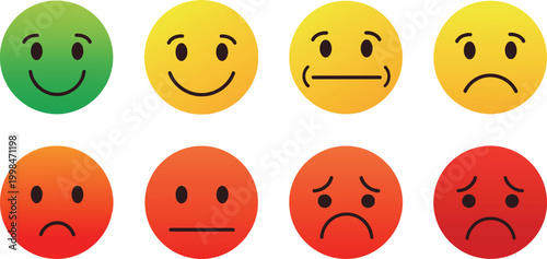Set of eight gradient emoji emoticons expressing various emotions from very happy to very sad for customer feedback and mood indicators.
