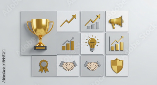 Golden Trophy and Business Icons Representing Success and Growth.