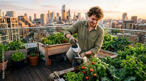 Man tending plants on rooftop garden.