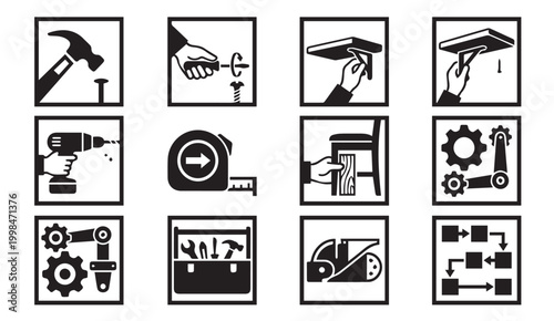 Black and white assembly and diy tools vector icons set for instruction manuals