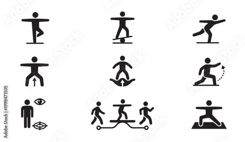 Black and white balance and mobility exercise vector icons set with mobility