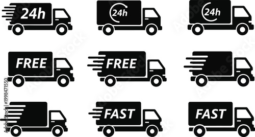 Set of nine black icons representing trucks with different delivery services including 24h fast free transportation logistic and delivery icons isolated on checkered background vector art.