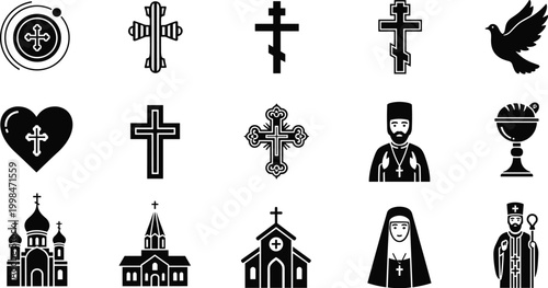 Set of Christian Orthodox religious icons featuring various crosses, church buildings, priest, nun, dove, holy grail, and heart symbols isolated on white background vector,
