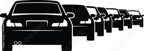 Silhouette of a line of cars from the front view, representing traffic jam or automotive industry concept, black on transparent background vector art.