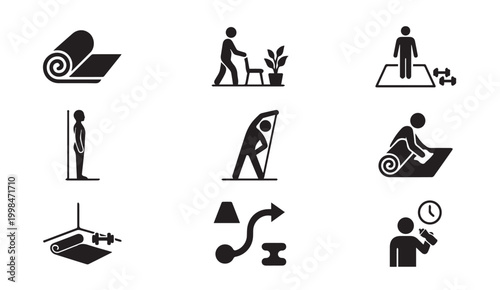 Workout and fitness equipment icon set for exercise routines with exercise