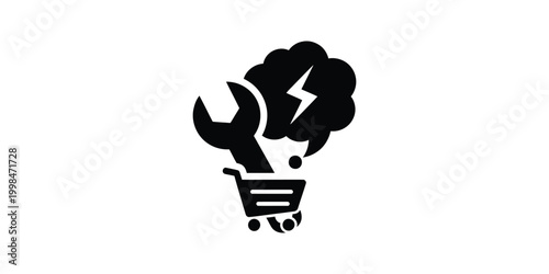 Innovative shopping cart with tools and lightning bolt symbolizing tech solutions