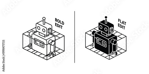 Comparison of bold and flat edit styles for a robotic character design