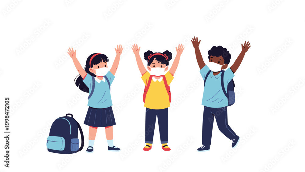 Fototapeta premium Diverse group of school children wearing face masks and backpacks with their hands raised in excitement and joy.