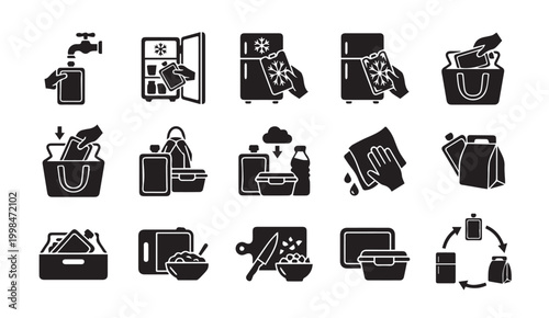 Food storage and preservation vector icon set with container, refrigerator