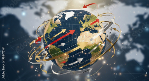 Global network of interconnected arrows around planet Earth.