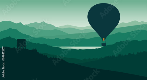 Hot air balloon over mountainous landscape flat vector illustration