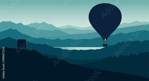 Hot air balloon over mountainous landscape stylized vector illustration