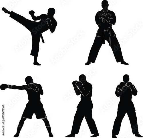 Set of martial arts silhouettes featuring karate fighter, boxing man, kickboxing athlete, combat sports poses, fighter icons, self defense training isolated on white background vector,