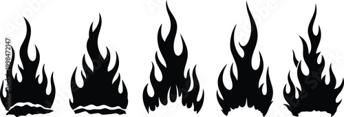 Set of fire flames, black silhouette icons isolated on transparent background, tattoo or logo design, hot burning fire graphic elements in flat style.