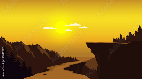 Sunset landscape with mountains and river vector illustration