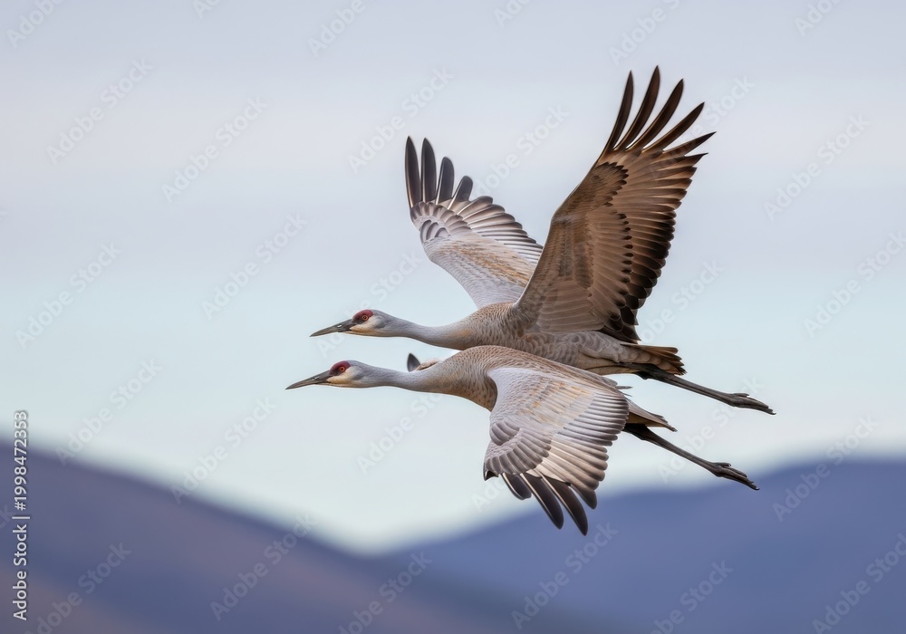 Fototapeta premium Two sandhill cranes soar through the sky against a soft blurred background.