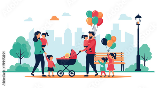 Large group of families with children and strollers enjoying a walk in a sunny city park with trees, benches, and colorful balloons.