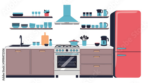 Spacious modern kitchen interior featuring sleek cabinets, a gas stove, an oven, a large red refrigerator, and organized shelving.