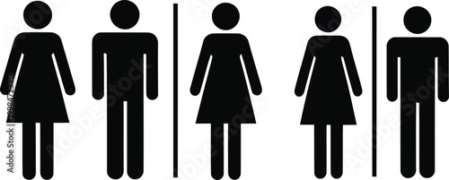 Toilet sign set, male and female silhouette icons, restroom symbols for men and women isolated on transparent background.