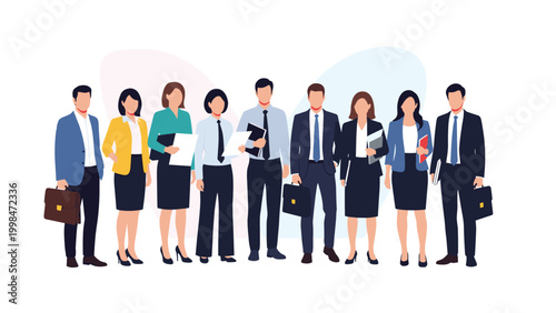 Diverse group of professional business team members standing together in formal suits representing corporate success and unity.
