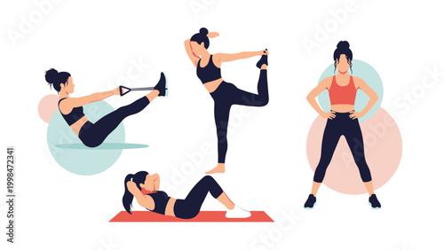 Group of athletic women practicing different yoga poses and fitness exercises to improve flexibility, health, and wellness.