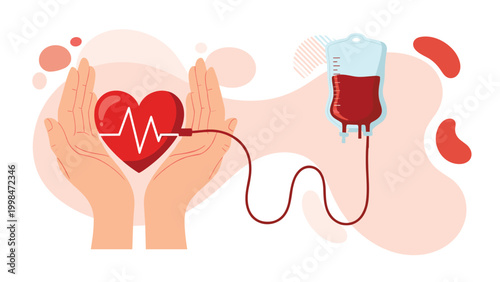 Blood donation and healthcare concept with human hands holding red heart connected to transfusion bag for life saving support.