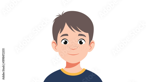 Close up illustration portrait of young boy with brown hair and freckles on face looking forward with gentle smile.