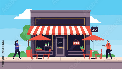 Charming bakery or coffee shop storefront with outdoor tables and red umbrellas located on sunny city street sidewalk.