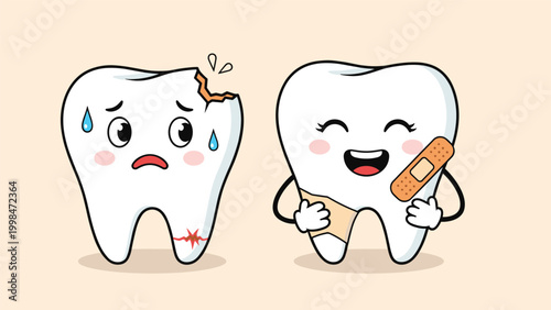 Comparison between damaged tooth in pain and healthy tooth with medical bandage used for dental care and hygiene education.