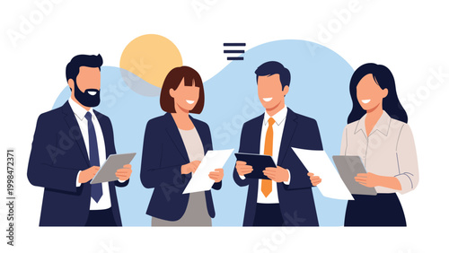 Successful business team members smiling while holding documents and digital tablets for professional communication in corporate office.