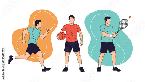 Diverse athletes participating in sports activities including running, basketball, and tennis to maintain healthy active lifestyle.