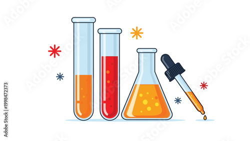 Science laboratory equipment including glass test tubes, flask, and pipette filled with colorful chemical liquids for research experiments.