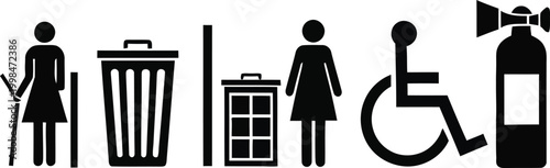 Collection of black pictograms representing accessibility, hygiene, safety, and information on transparent background for use in public spaces and signage.