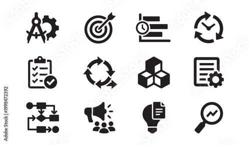Strategic business planning and operational workflow icon set with business