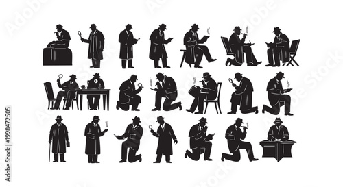 Large collection of detective silhouette characters in various poses observing with magnifying glass and smoking cigar.