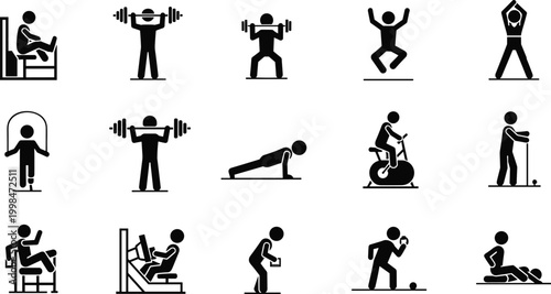 Set of stick figure silhouettes icons representing gym workout, fitness training, weightlifting, cycling, cardio exercises, and sports activities isolated on white background vector illustration,