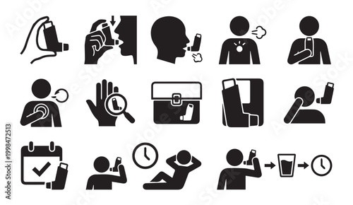 Medical collection of icons for asthma treatment and respiratory care
