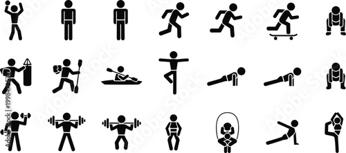 Set of stick figure silhouettes icons representing sports, fitness activities, gym workout, running, weightlifting, yoga, boxing, and outdoor recreation isolated on white background vector.