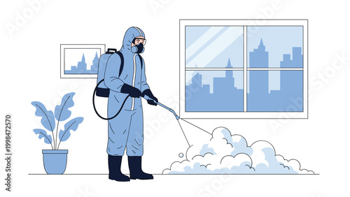 Sanitization specialist in a full hazmat suit spraying disinfectant in a room to prevent the spread of harmful viruses.