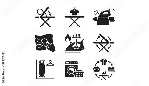 Set of laundry and garment care icons featuring ironing and washing, clothing