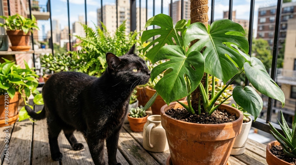 Fototapeta premium A black cat sniffs a monstera plant on a sunny balcony. Concept of urban gardening, pet lifestyle, nature. Generative AI.
