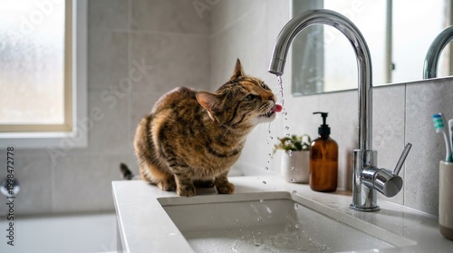 A tabby cat drinks water streaming from a kitchen faucet. Concept of pet behavior, domestic life, cleanliness, hydration, interior design, and kitchen decor. Generative AI.
