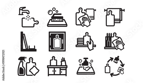 Cutting board maintenance and kitchen cleaning glyph icon set with cleaning